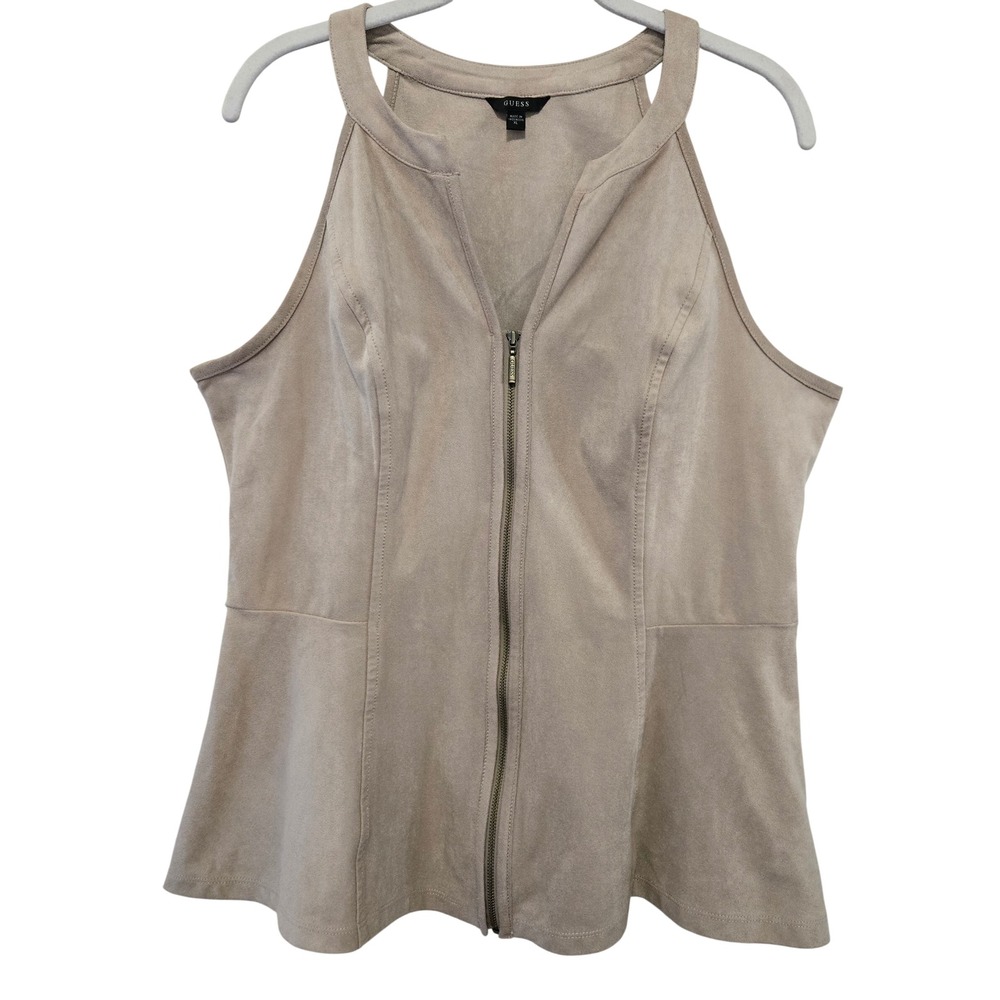 GUESS Women‎ M Chic Beige Faux Suede Peplum Zip Front Halter Top Sleeveless Tan